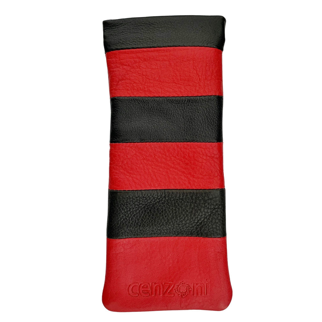 A leather eye glass pouch with horizontal orange and purple stripes.